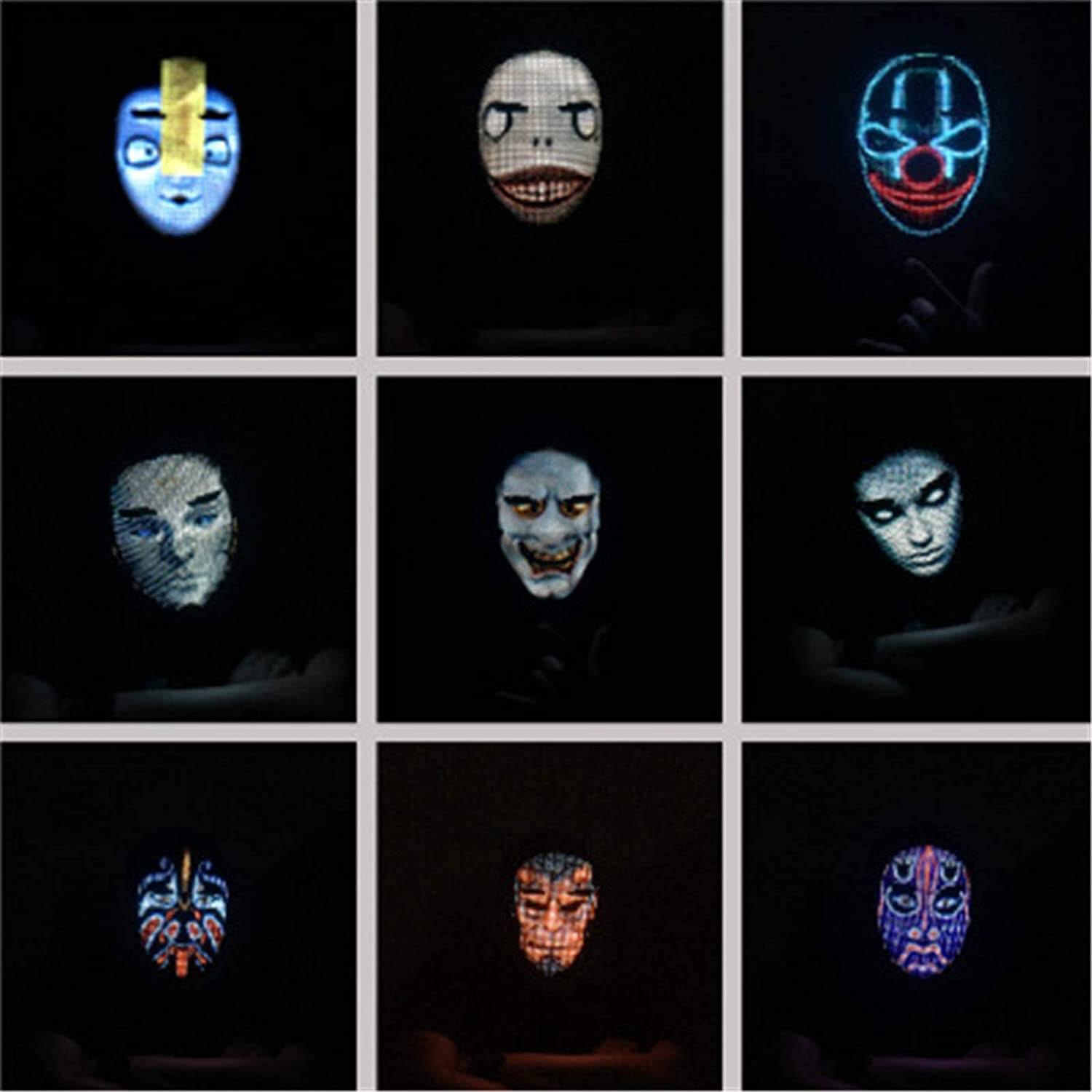 Forskjellige lyse moduser presentert på en DIY Halloween LED-maske, styrt via Bluetooth for tilpasning.