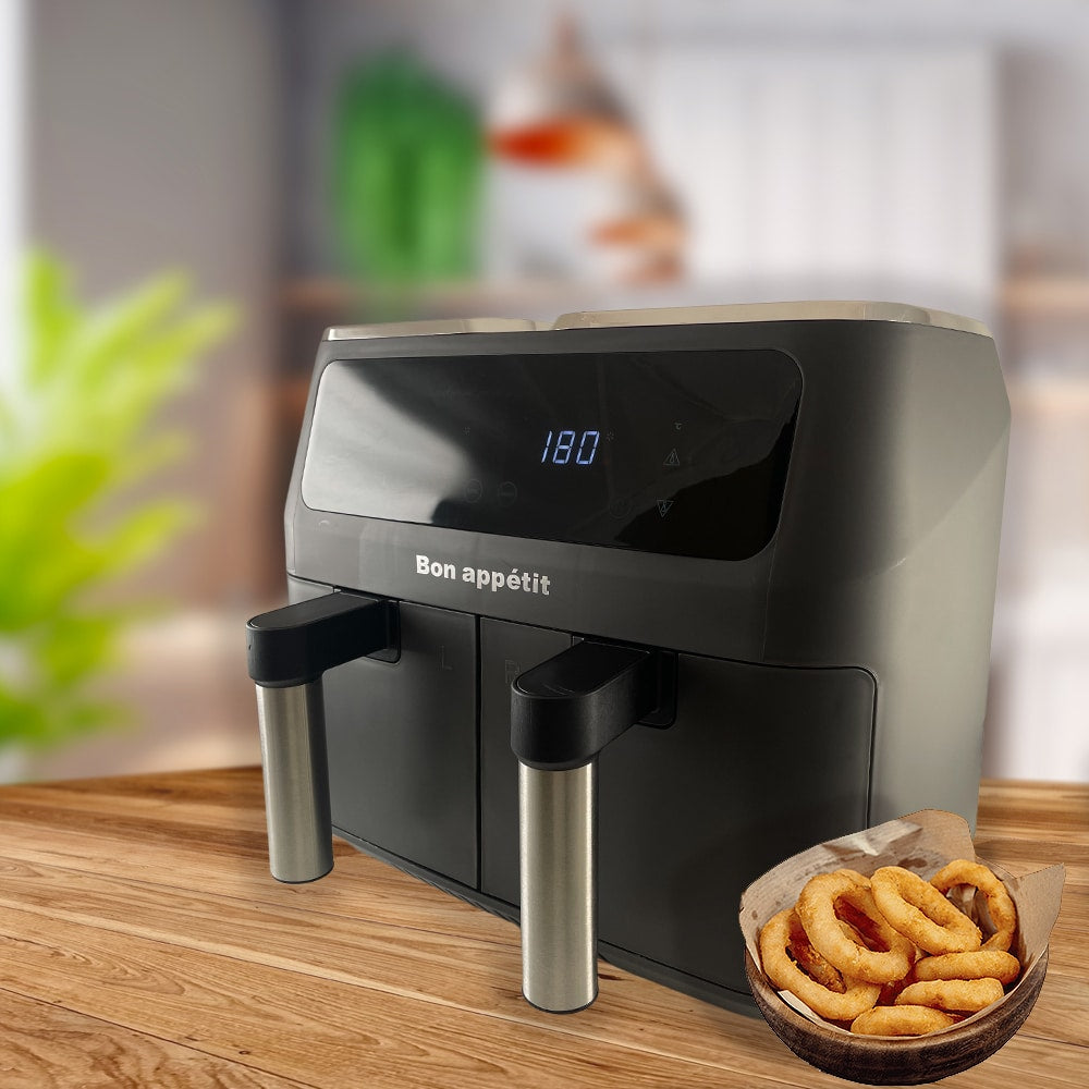 "Dobbel Air Fryer med to 4L skuffer, svart design, ideell for sunn matlaging og store porsjoner."