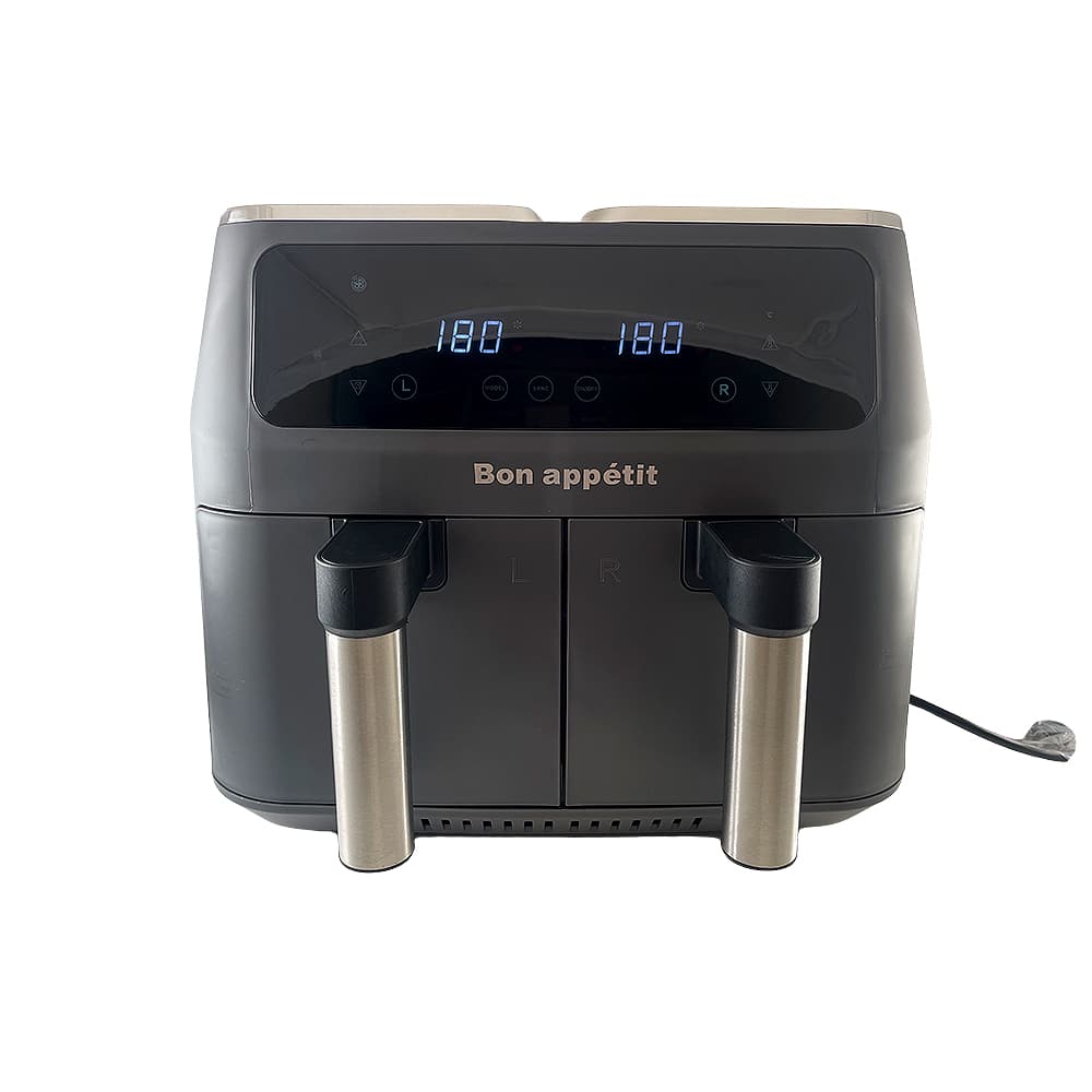 "Dobbel Air Fryer med to 4L skuffer, svart design, ideell for sunn matlaging og store porsjoner."