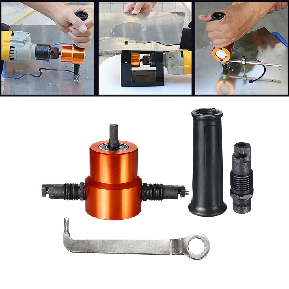 Nærbilde av nibbler med dobbelt hode, et robust verktøy for effektiv metallkutting med drill.