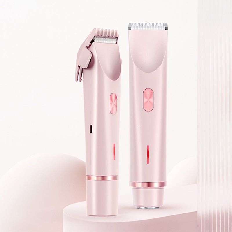 Dobbelthodet elektrisk hårtrimmer for kvinner, rosa, med skånsom presisjonsdesign for både korte og lange hår.
