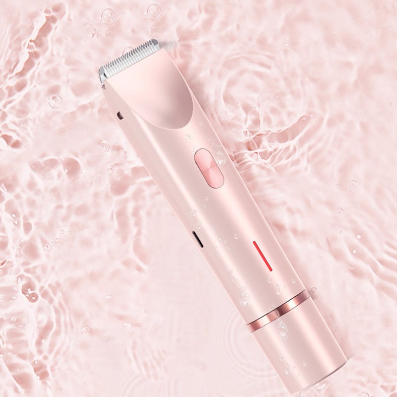 Dobbelthodet elektrisk hårtrimmer for kvinner, rosa, med skånsom presisjonsdesign for både korte og lange hår.