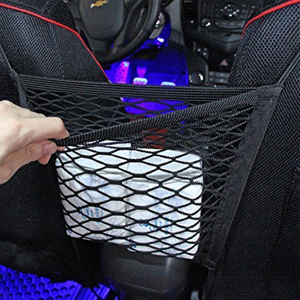 "Dobbeltlags bilsete lagringsnett i svart nylon for enkel organisering og trygg oppbevaring i bilen."