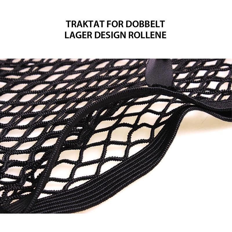 "Dobbeltlags bilsete lagringsnett i svart nylon for enkel organisering og trygg oppbevaring i bilen."