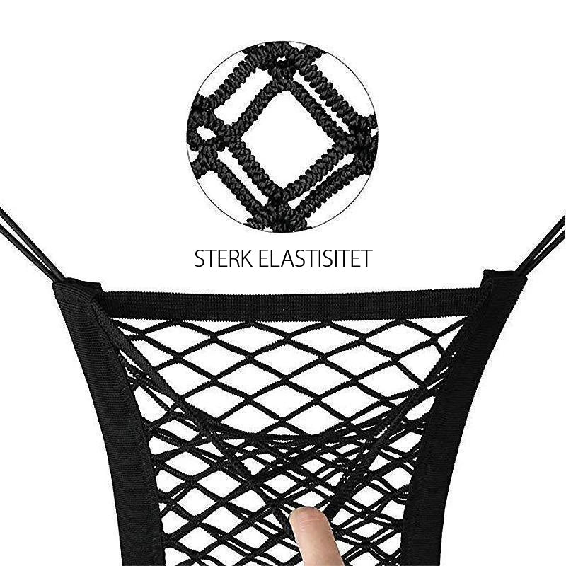 "Dobbeltlags bilsete lagringsnett i svart nylon for enkel organisering og trygg oppbevaring i bilen."