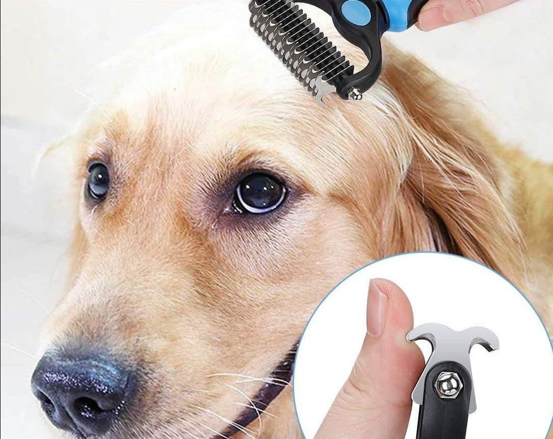 Essensiell pelsstellbørste med dobletenner av rustfritt stål for effektiv pleie av hund og katt.