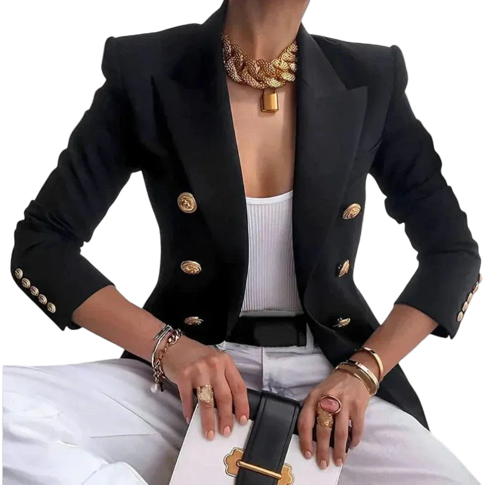 Dobbeltspent dameblazer med gullknapper, elegant skreddersydd for kontor og fest.