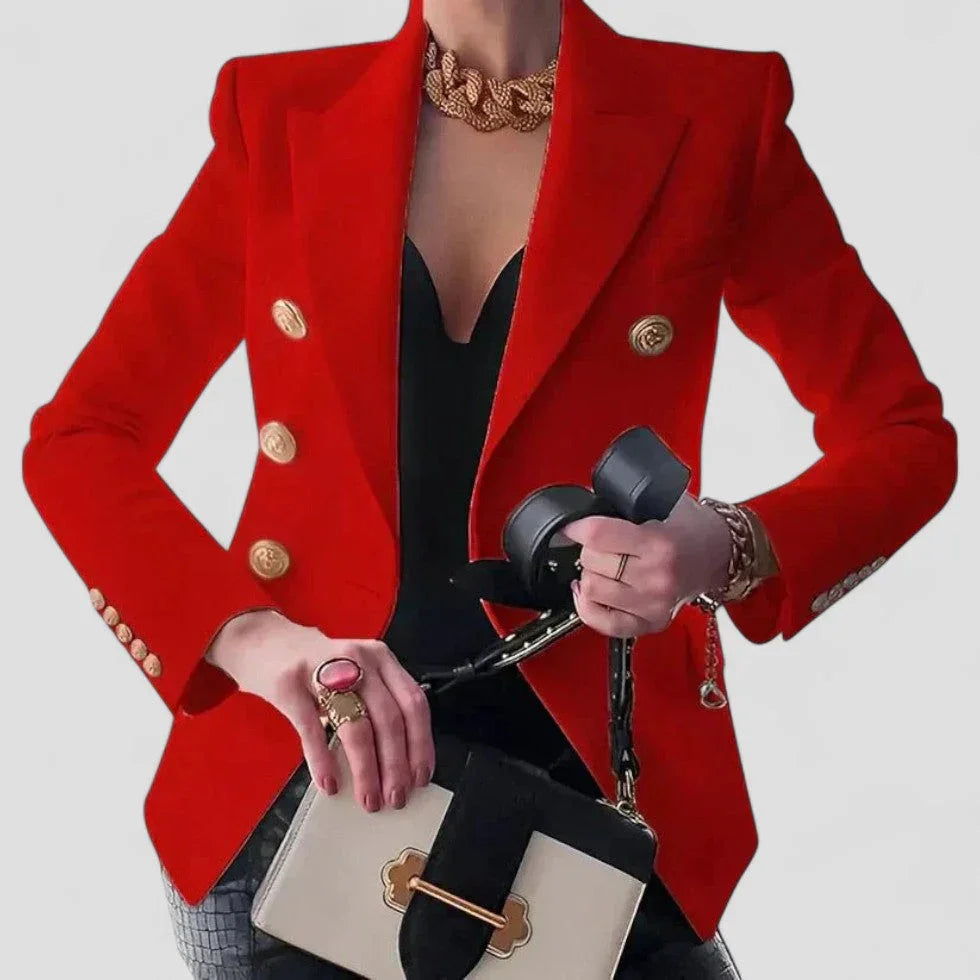Elegant dameblazer med dobbeltspent design, gullknapper. Perfekt for formelle anledninger og kontorstil.
