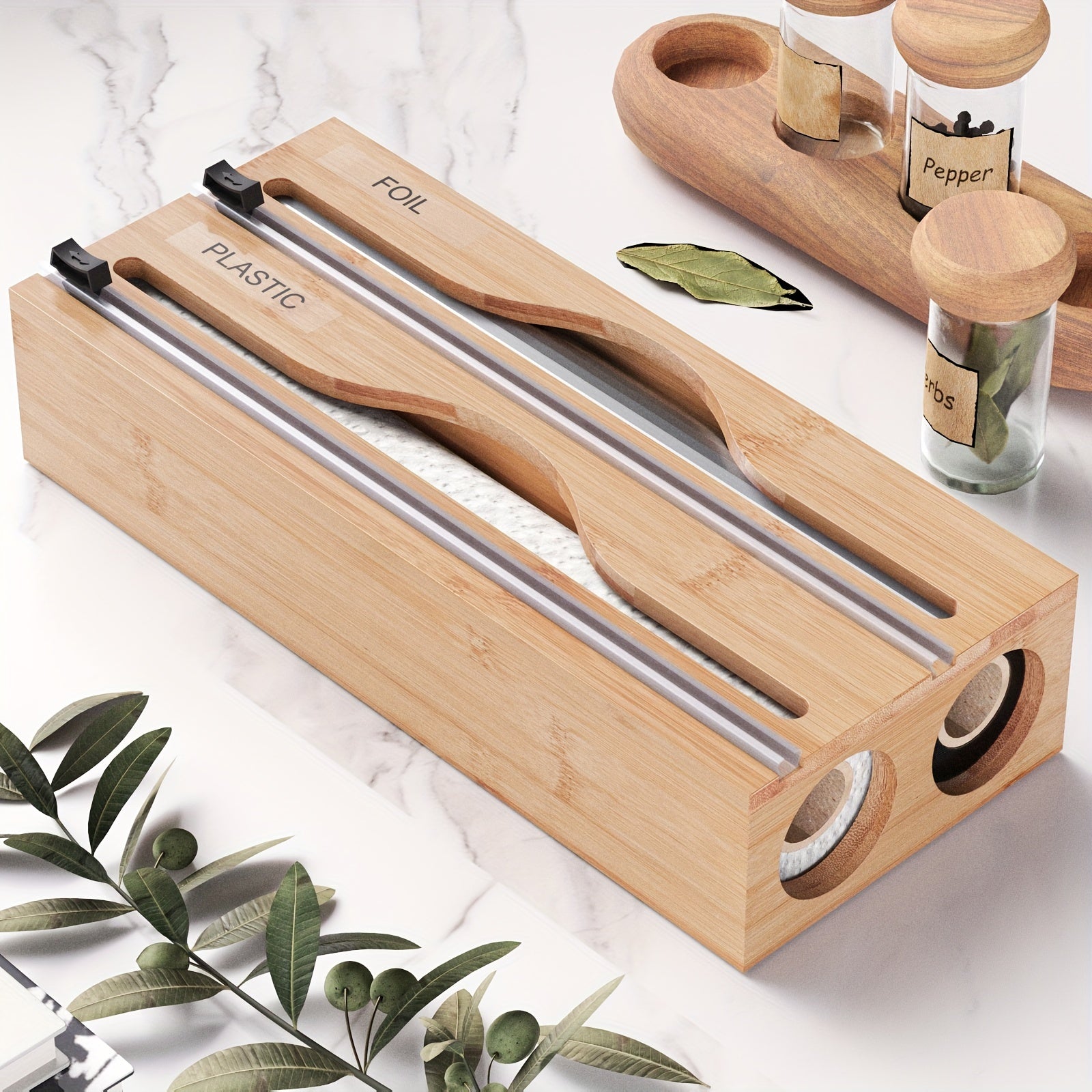 Smart 2-i-1 foliedispenser i tre for skufforganisering; perfekt holder for plastfolie, alufolie og bakepapir med kutter.