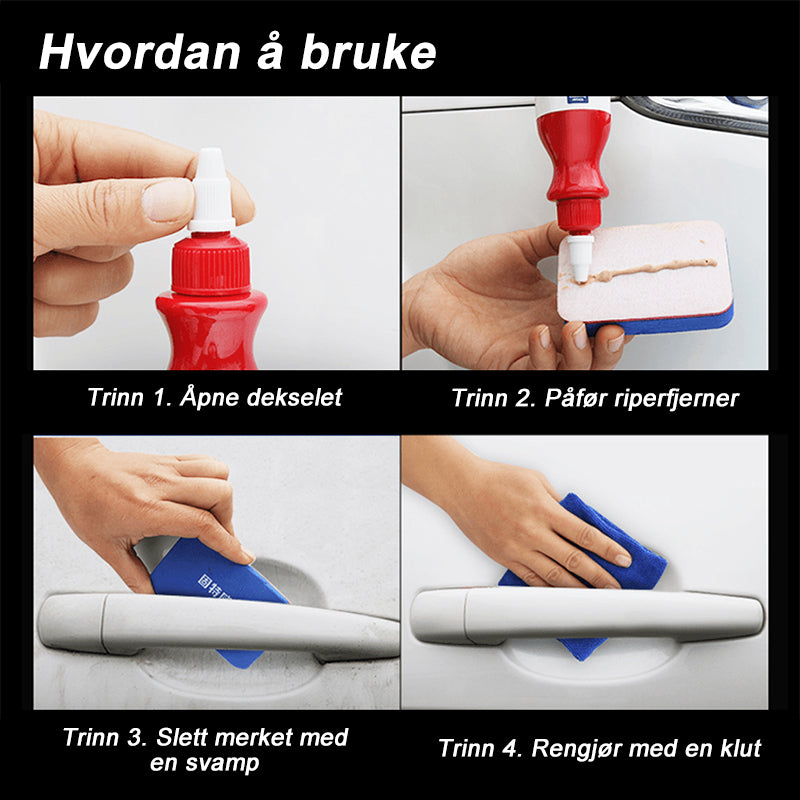 "Effektiv bil riperfjerner i bruk, gir glans tilbake til bilens lakk, enkel påføring, trygg for alle lakkfarger"