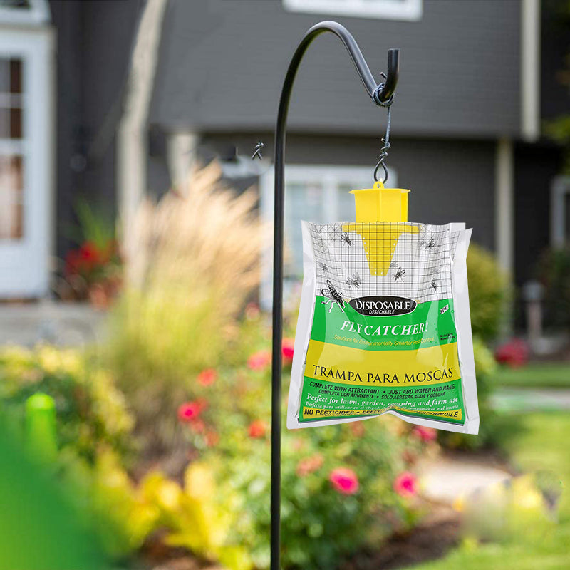 "Effektiv, ikke-giftig engangs fluefangerpose til utendørs skadedyrkontroll. Klar plastpose med vann og lokkemiddel."