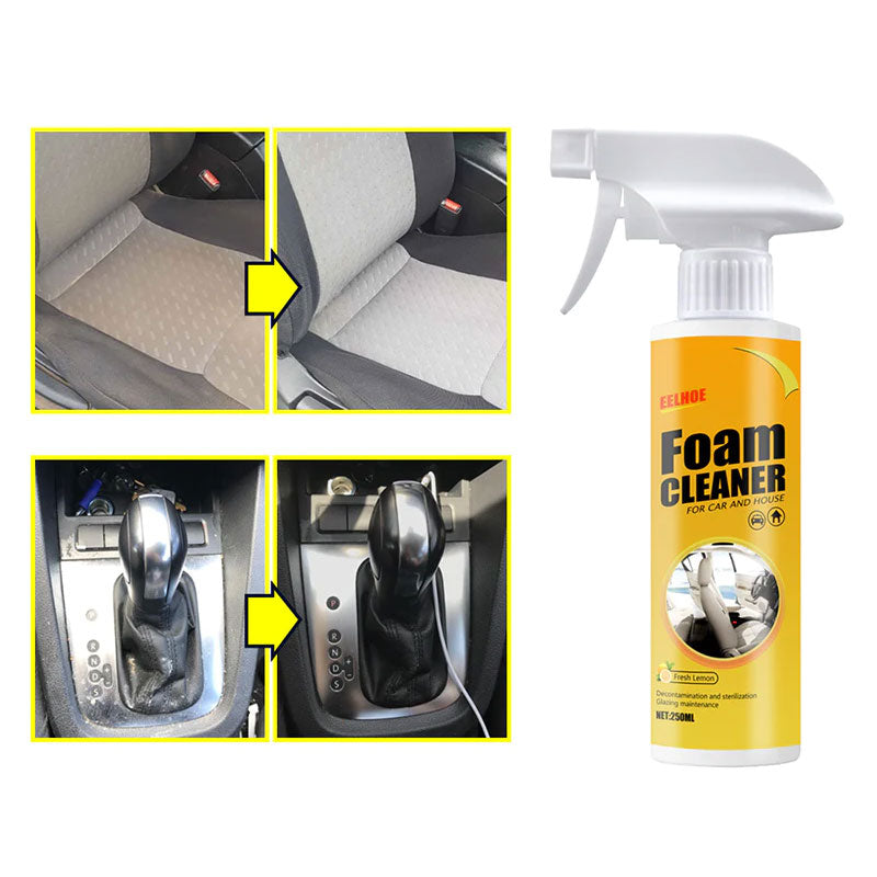 "Effektiv skumrens rengjøringsspray, hvitt skum, anti-UV beskyttelse, gir ren, matt finish, ideell for bilinteriør"