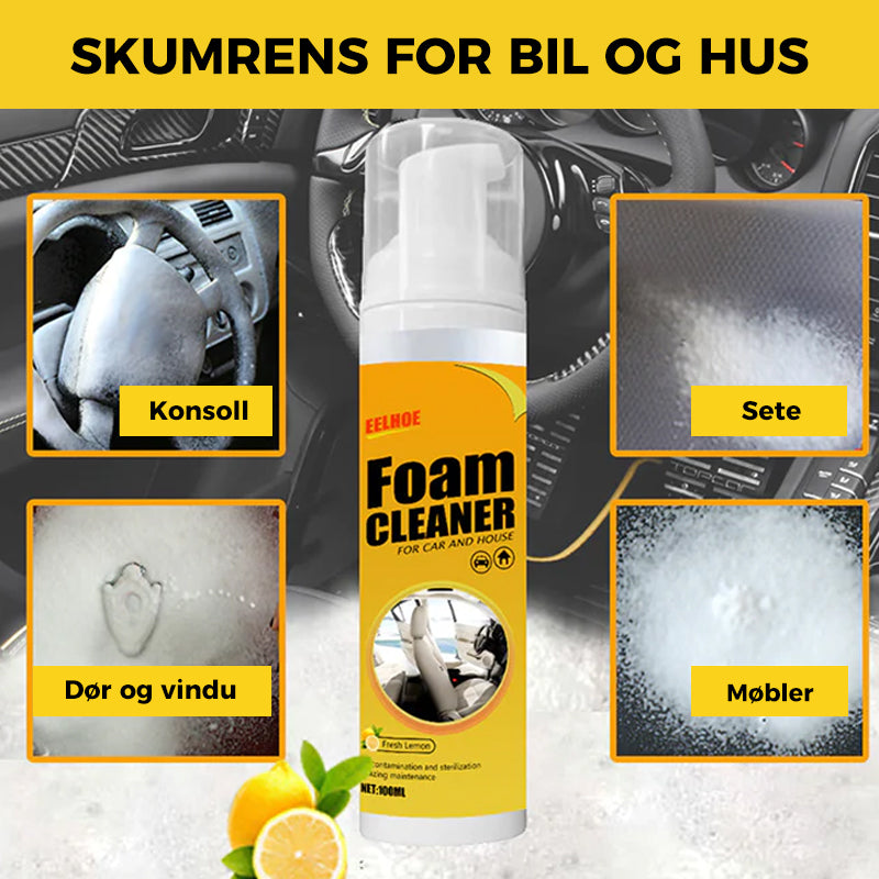 "Effektiv skumrens rengjøringsspray, hvitt skum, anti-UV beskyttelse, gir ren, matt finish, ideell for bilinteriør"