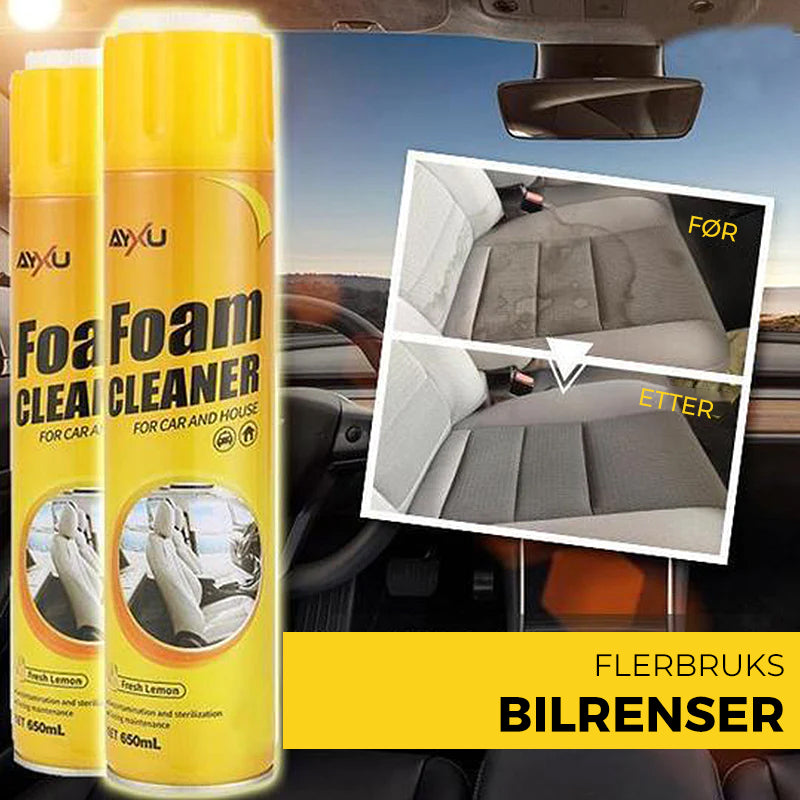 "Effektiv skumrens rengjøringsspray, hvitt skum, anti-UV beskyttelse, gir ren, matt finish, ideell for bilinteriør"