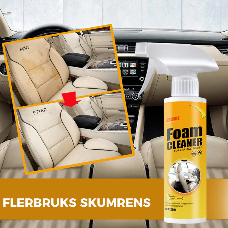 "Effektiv skumrens rengjøringsspray, hvitt skum, anti-UV beskyttelse, gir ren, matt finish, ideell for bilinteriør"