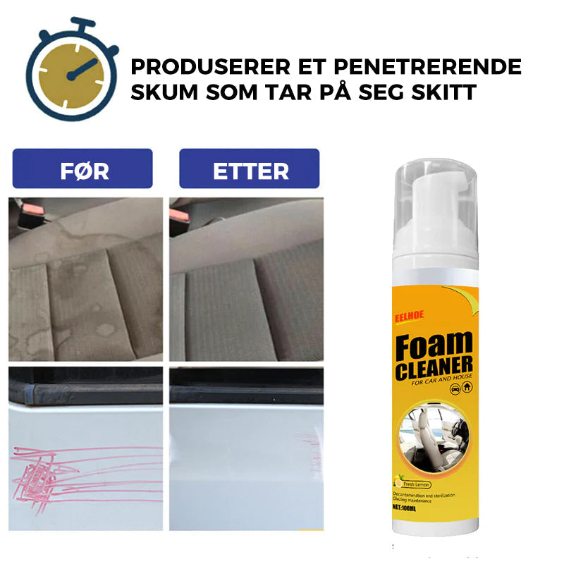 "Effektiv skumrens rengjøringsspray, hvitt skum, anti-UV beskyttelse, gir ren, matt finish, ideell for bilinteriør"