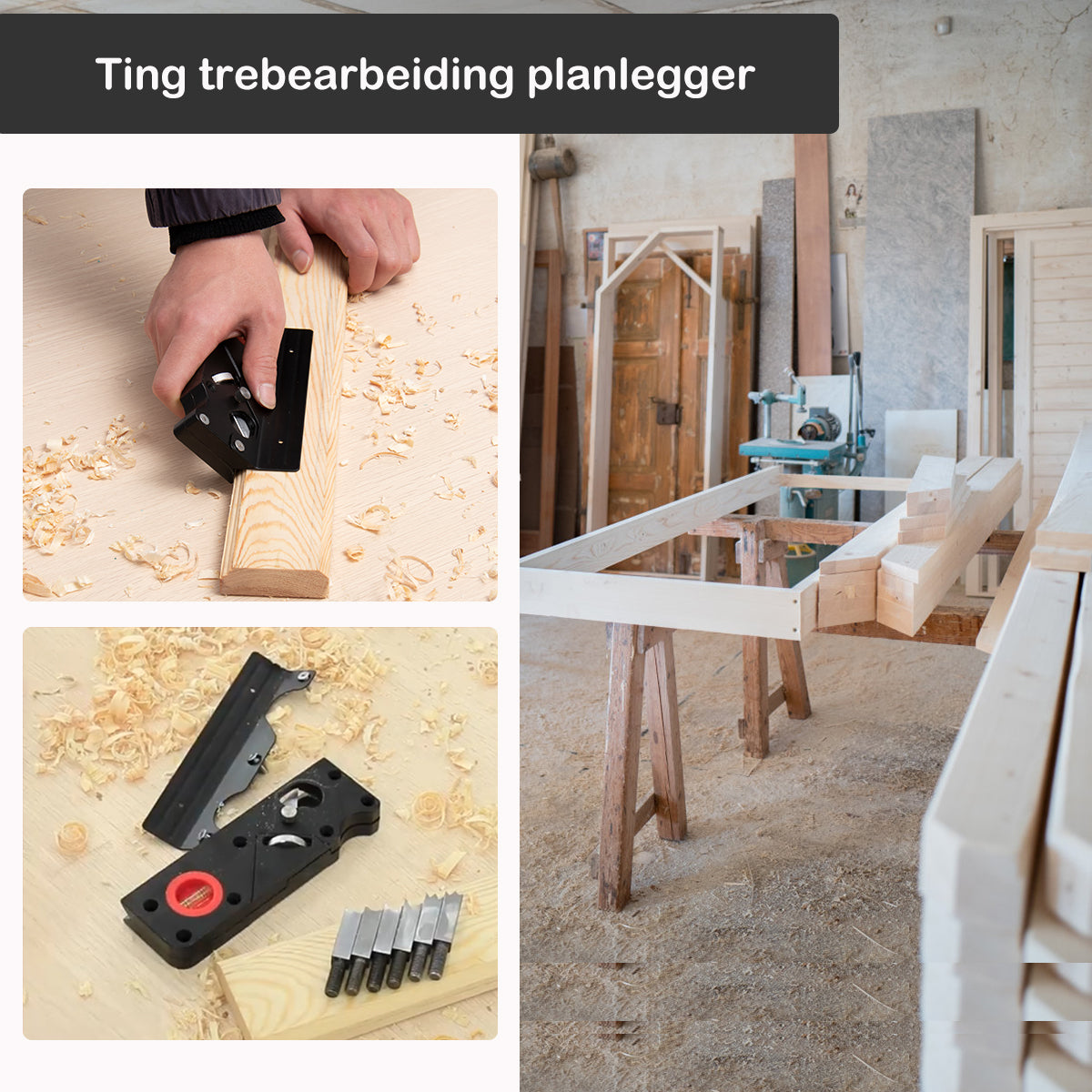 "Effektivt trebearbeidingshøvlesett med justerbar dybde, skarpe blader og kompakt design for presis snekkerarbeid."
