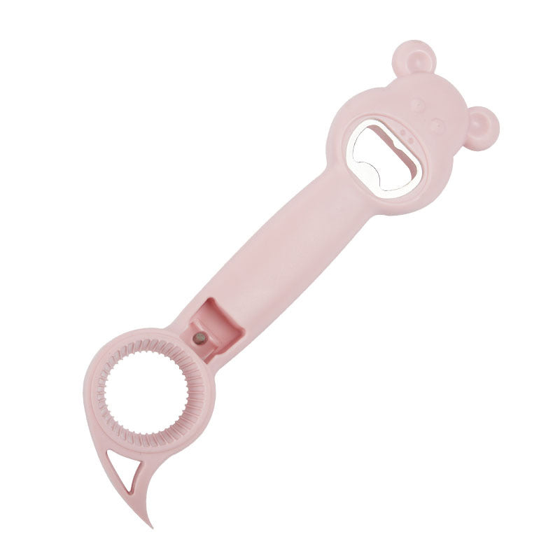 "Elegant 4-i-1 flaskeåpner i rustfritt stål og plast, hvit, blå, rosa, lilla, med sklisikkert grep og unikt design."
