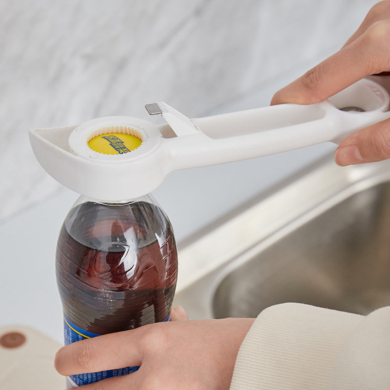 "Elegant 4-i-1 flaskeåpner i rustfritt stål og plast, hvit, blå, rosa, lilla, med sklisikkert grep og unikt design."