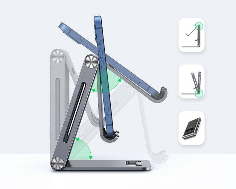 Justerbar telefonholder i elegant aluminium, perfekt stativ for smarttelefon på skrivebord.