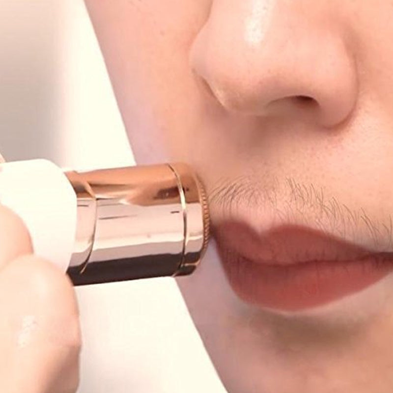 "Elegant ansiktsepilator i leppestift-stil for smertefri hårfjerning, tilgjengelig i hvit, svart og rosa gull."