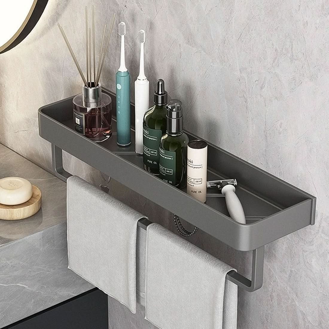 Plassbesparende vegghylle for badet med håndkleholder, enkel montering, selvklebende oppbevaring.