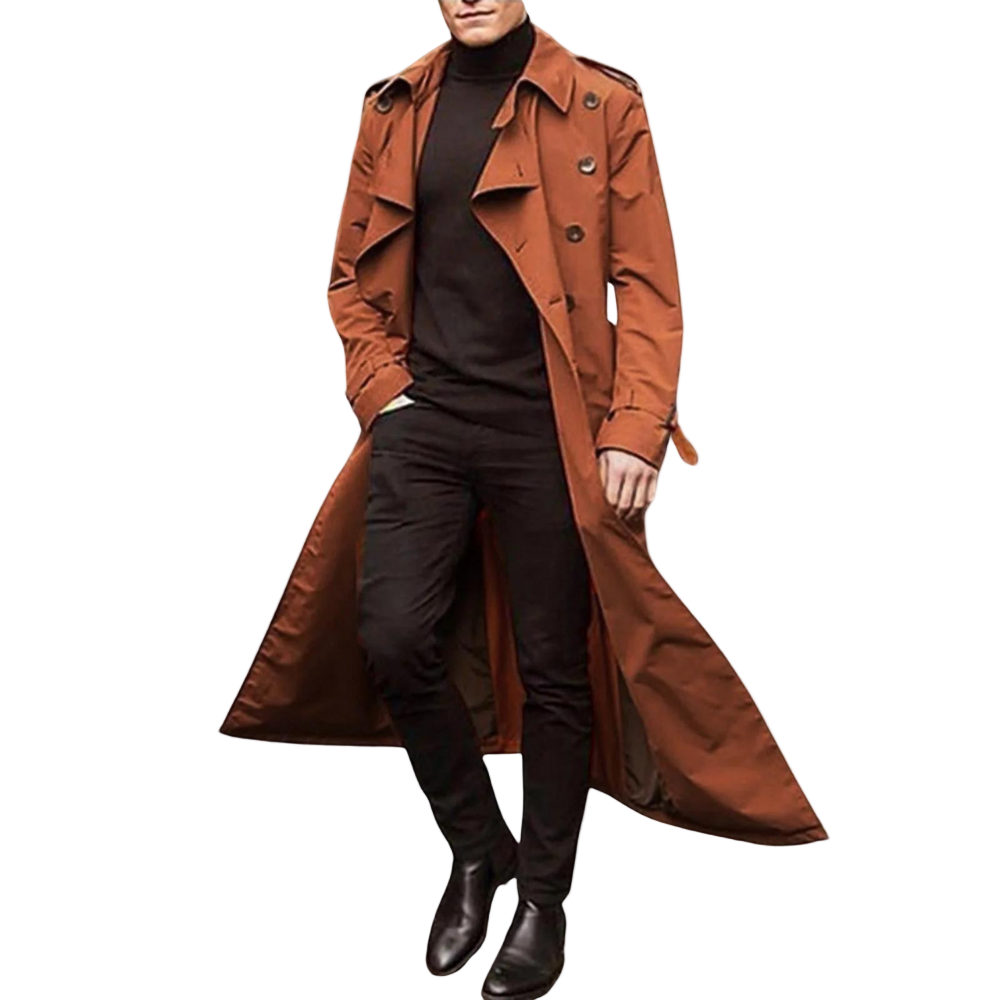 Elegant beige herretrenchcoat for menn, avslappet passform, perfekt høst- og vinterjakke med komfortabel stil.