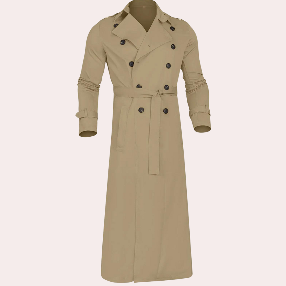 Komfortabel beige herretrenchcoat på en mann. Avslappet design og elegant stil for menn. Ideell høst-/vinterjakke.