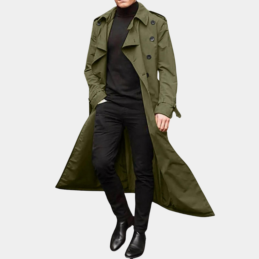 Front av åpen beige herretrenchcoat. Avslappet og elegant snitt. Komfortabel ytterjakke og høst-/vinterjakke for menn.
