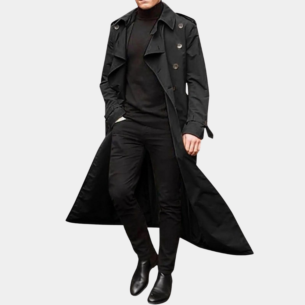 Beige herretrenchcoat presentert. Elegant design, avslappet stil. Komfortabel høst-/vinterjakke for menn.