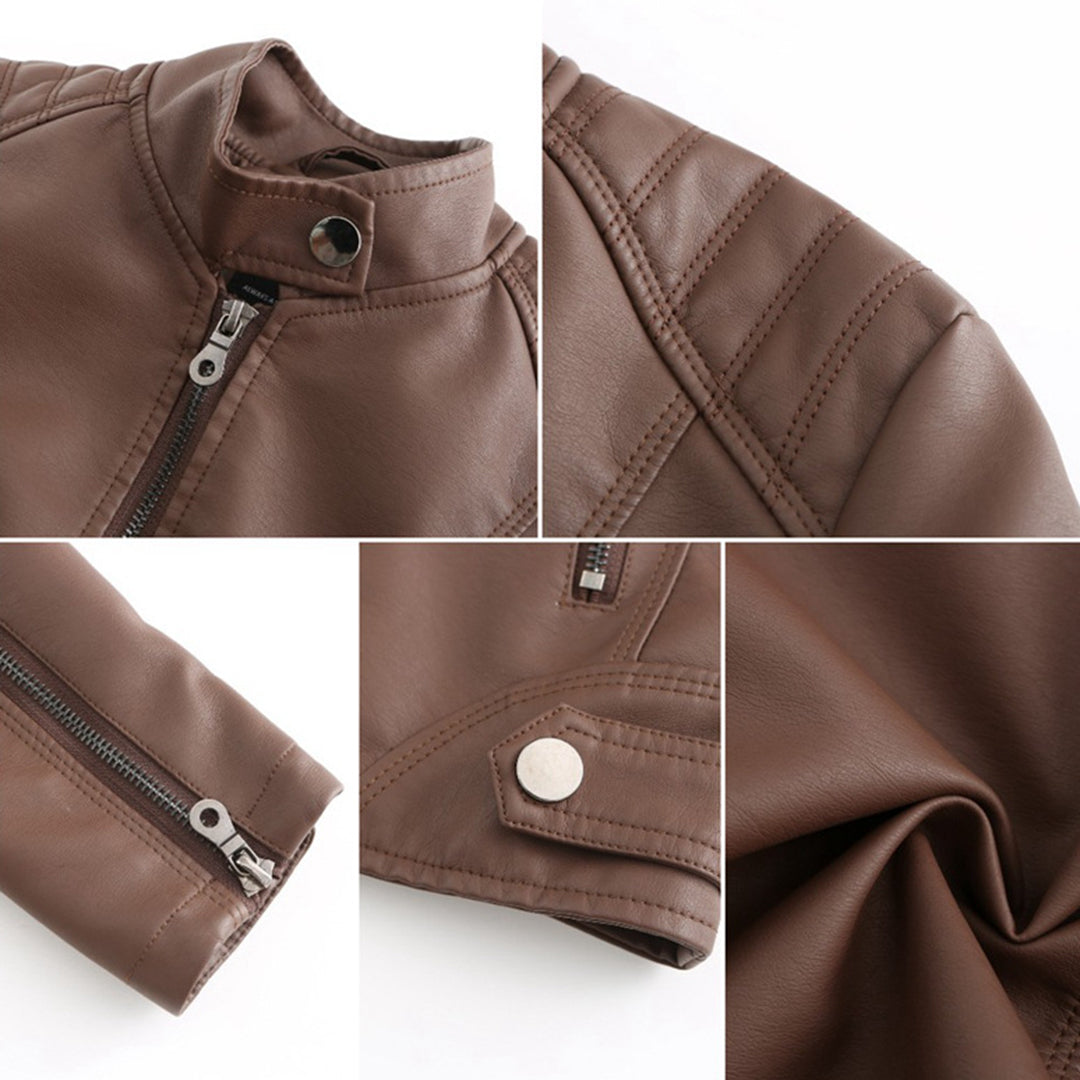 Elegant biker skinnjakke for kvinner i mykt skinn, detaljert med symmetrisk glidelås. Flere farger tilgjengelig.