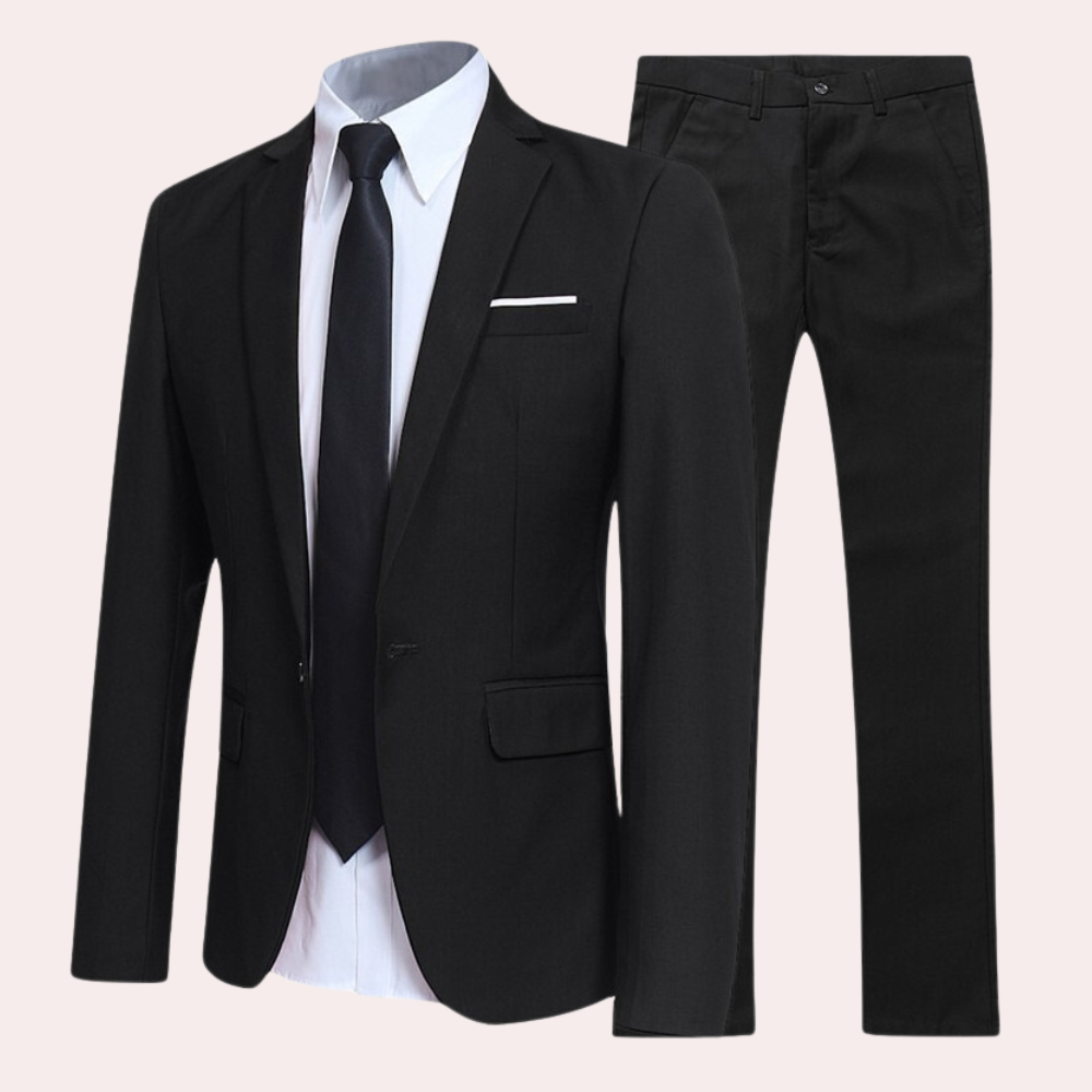 "Elegant blå herredress, 2-delt med smal passform. Perfekt til formelle anledninger, kombinerer stil og komfort."