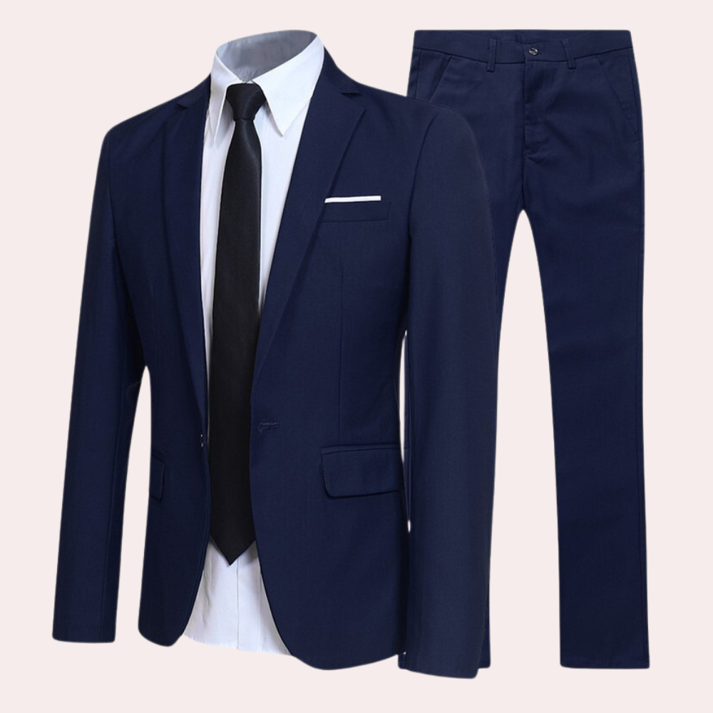 "Elegant blå herredress, 2-delt med smal passform. Perfekt til formelle anledninger, kombinerer stil og komfort."