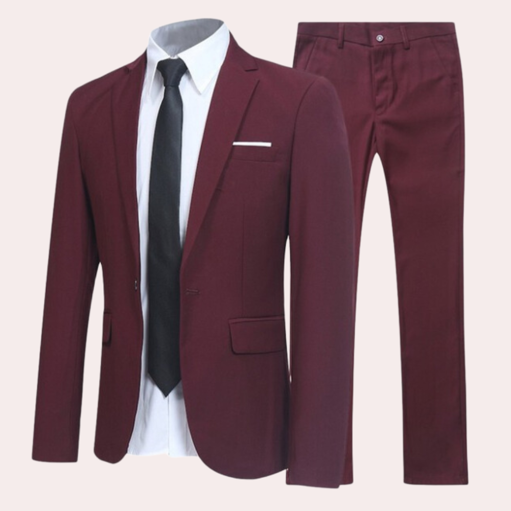"Elegant blå herredress, 2-delt med smal passform. Perfekt til formelle anledninger, kombinerer stil og komfort."