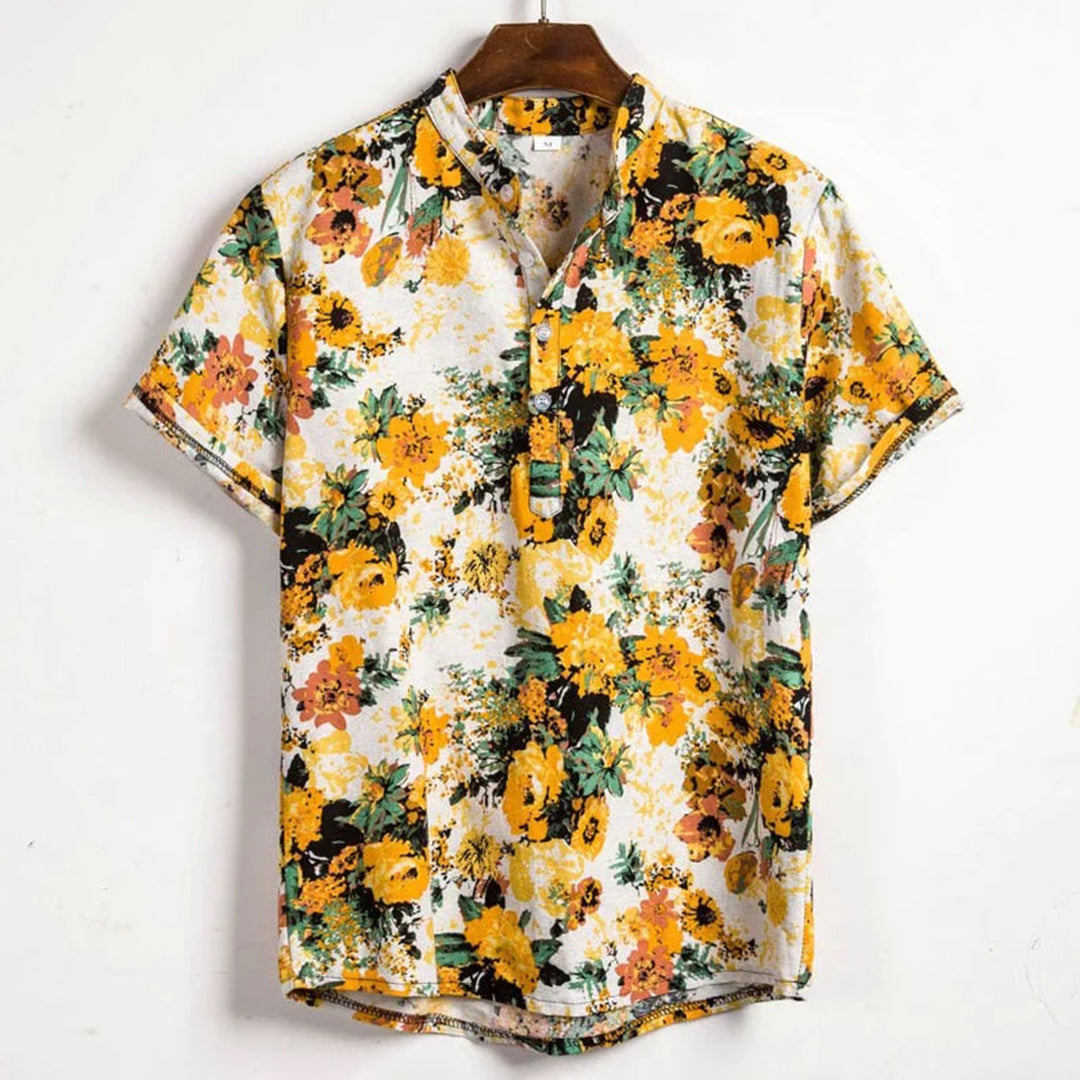 "Elegant blå unisex skjorte med moderne design og tropisk stil, perfekt for alle sesonger og enhver anledning."