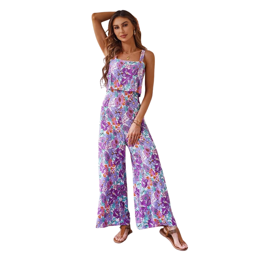 Kvinner sommerromper med fargerikt blomstertrykk i oransje/lilla, ryggløs design og luftig komfort.