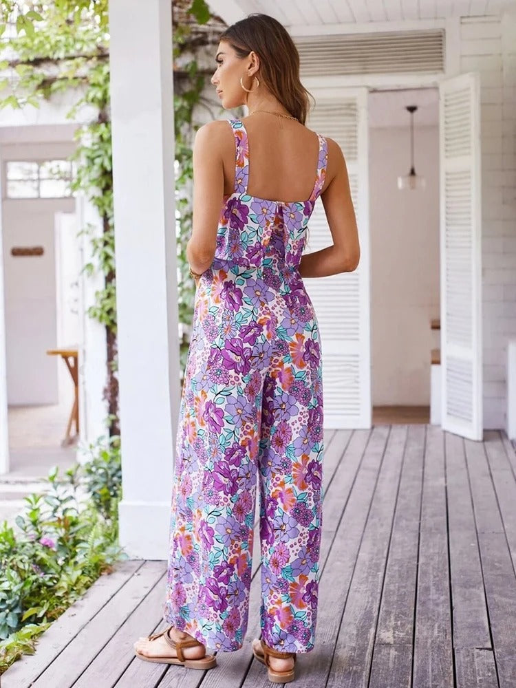 Komfortabel ryggløs romper med elegant blomstertrykk, ideell for fritid og fest på sommeren for kvinner.