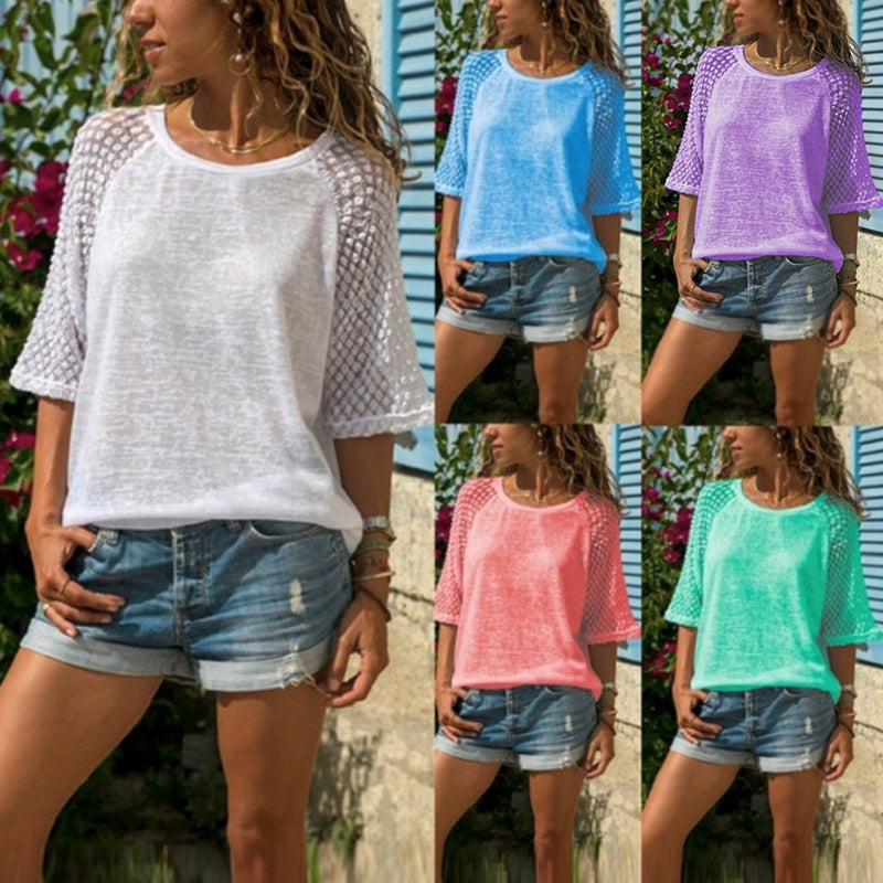 Elegant blonder T-skjorte for kvinner, rund hals, pustende, delikate blondedetaljer, passer til uformell og smart casual stil