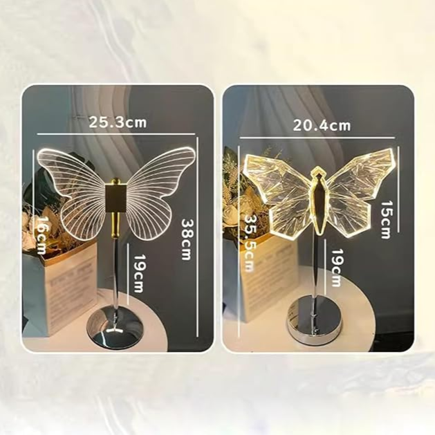 "Elegant Butterfly Crystal bordlampe i metall og akryl, med sommerfugldesign og delikat LED-lys, for koselig atmosfære."