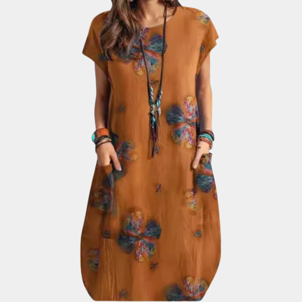 Elegant, chic håndlaget midikjole for kvinner i blomstrende roserød, perfekt til vårens anledninger.