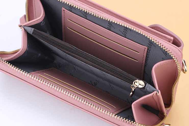 Bakside av elegant crossbody veske, PU-skinn, viser flat design, praktisk dameveske.