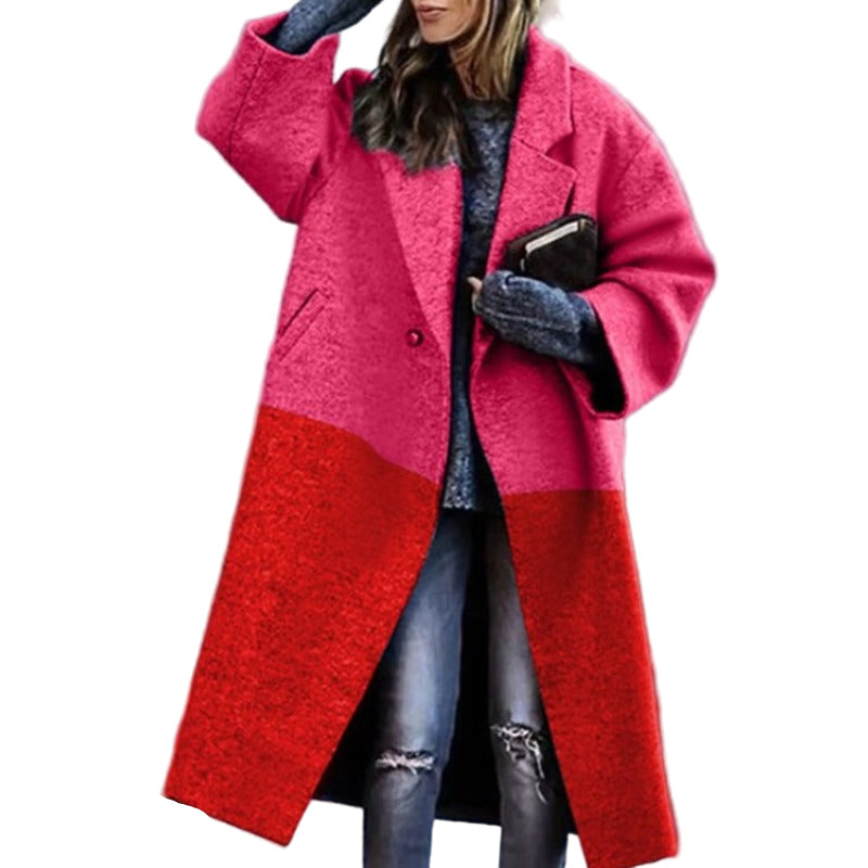 Elegant dame oversized fargeblokk vinterkåpe i ullblanding, lang modell for kvinner, perfekt for kaldt vær.