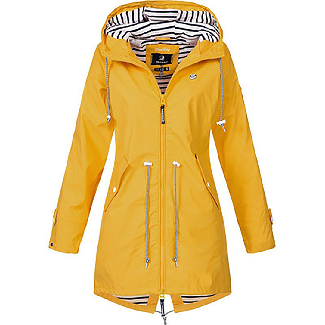 "Elegant dame regnfrakk i marineblå, justerbar hette, slitesterk polyester, allsidig design for formelle og uformelle anledni