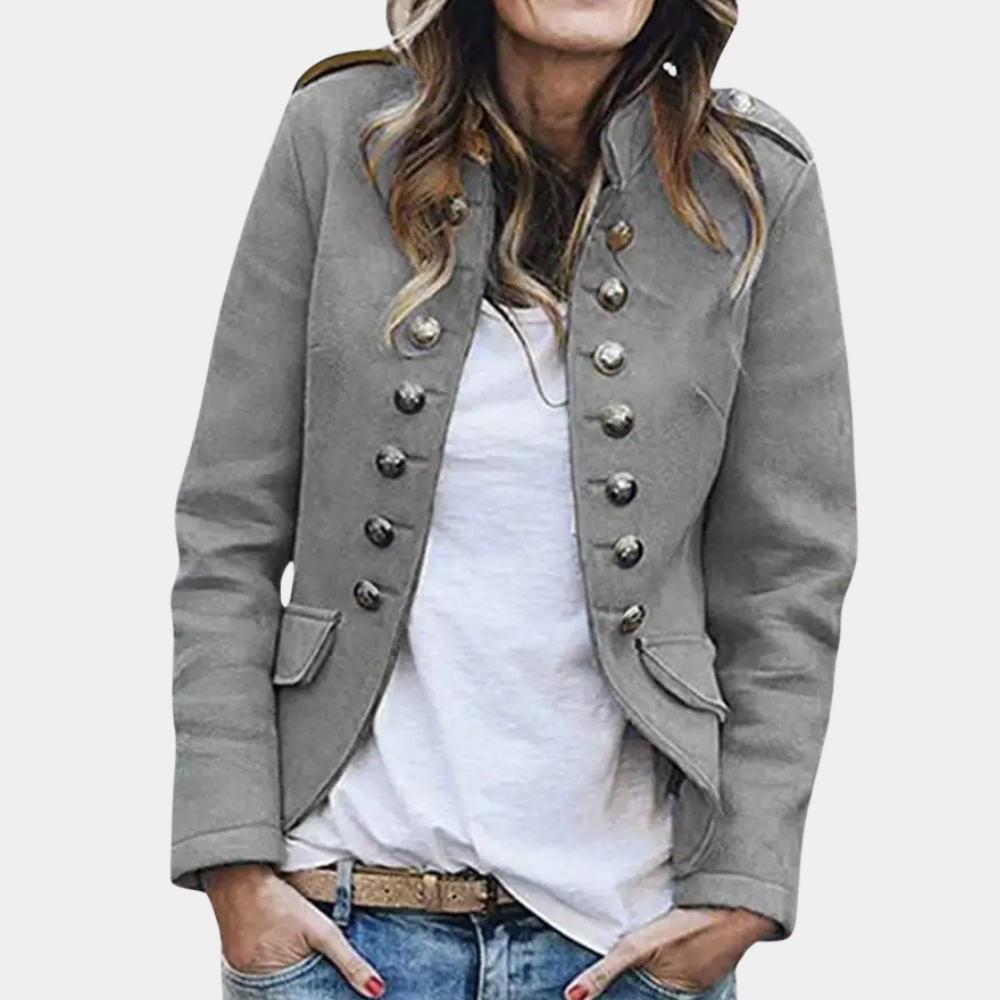 Motebevisst blazer for damer med elegant stand-up krage. Gir et sofistikert utseende til antrekket.