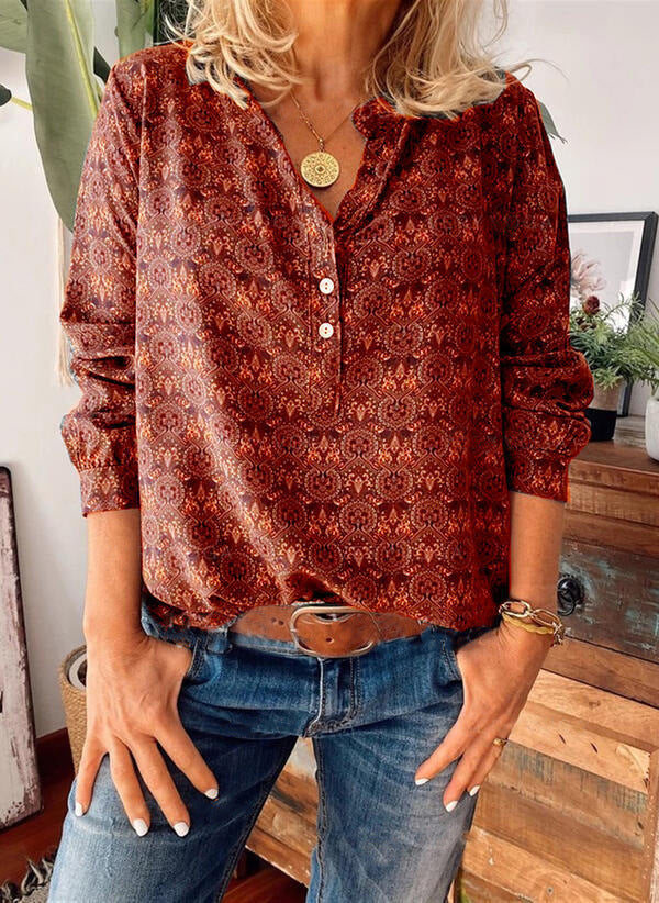 Mørk blå damebluse med stilig allover trykk og elegant hals, ideell for en casual, men pyntet stil.