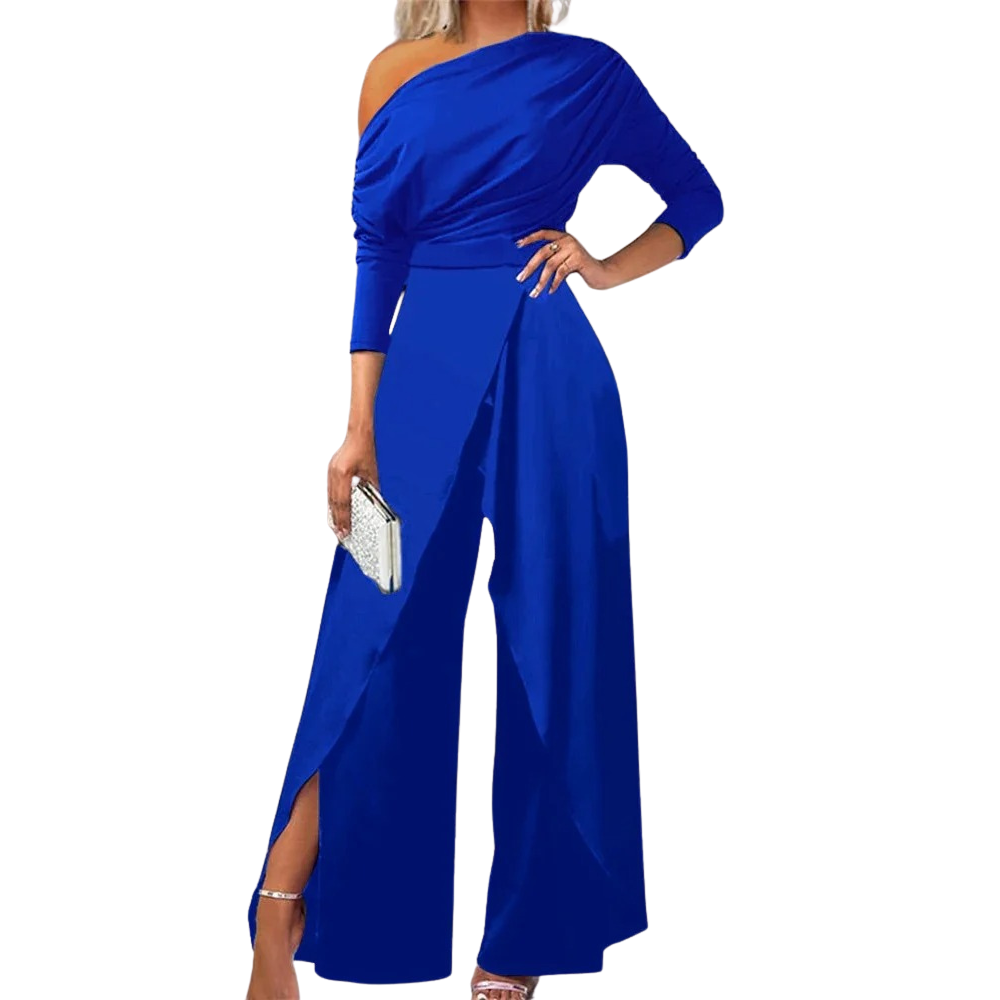 Komfortabel, elegant damejumpsuit med vide ben, kald skulder. Perfekt for fest, sommer eller hverdagsstil.
