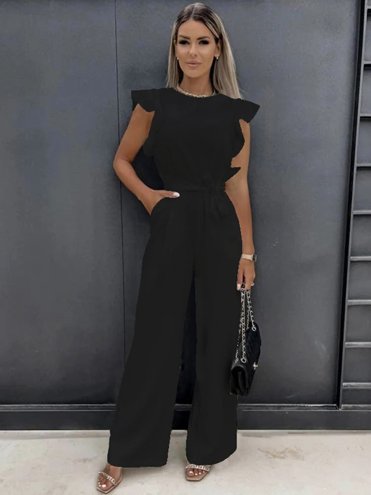 Moderne damejumpsuit med volangermer og vide ben for en sofistikert look, perfekt for motebevisste.