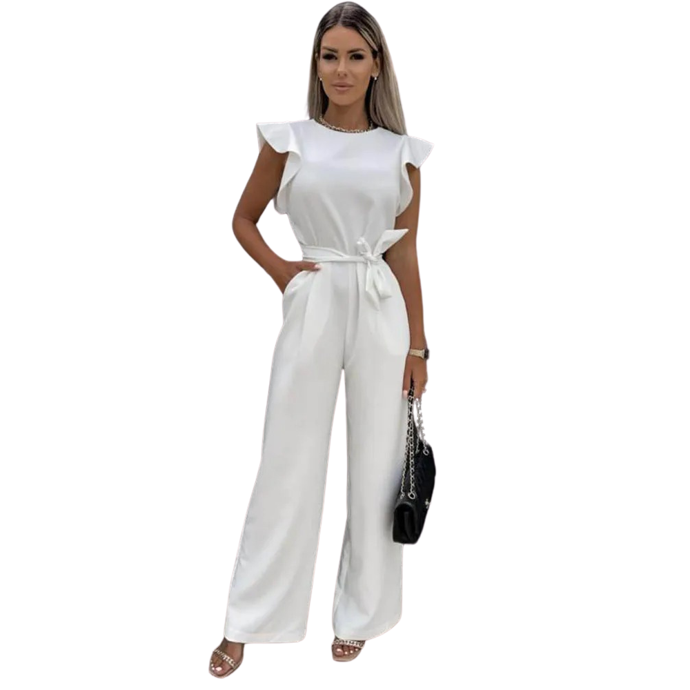 Motebevisst damejumpsuit med trendy vide ben og feminine volangermer, skaper en elegant silhuett.