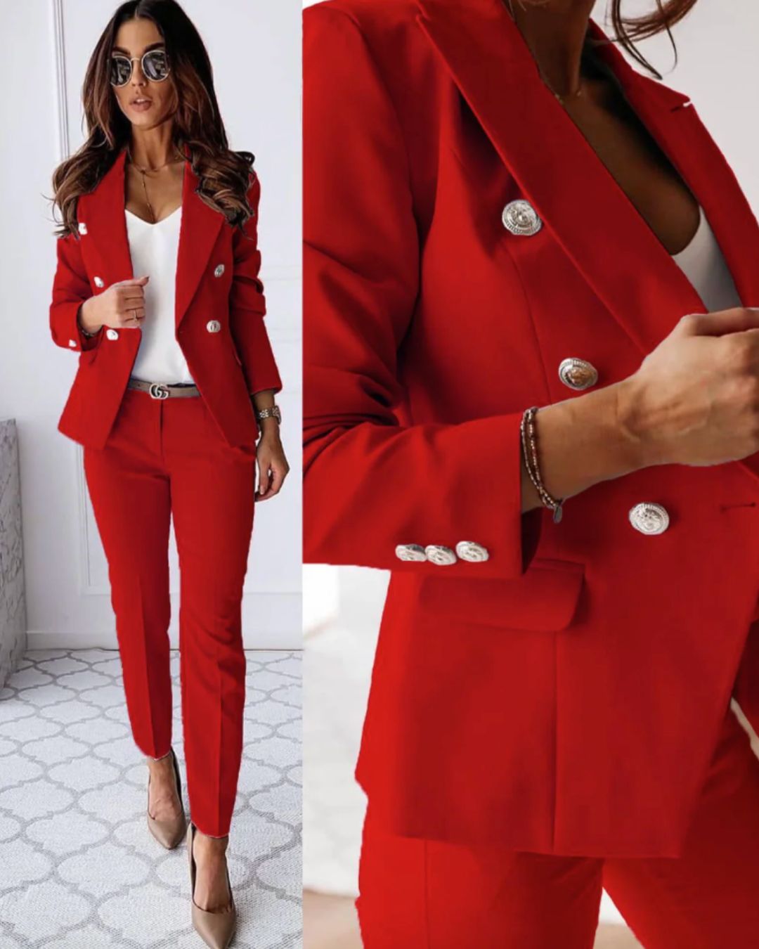 Stilig kvinnedress med dobbelknepping. Ideell for business og formelle settinger.