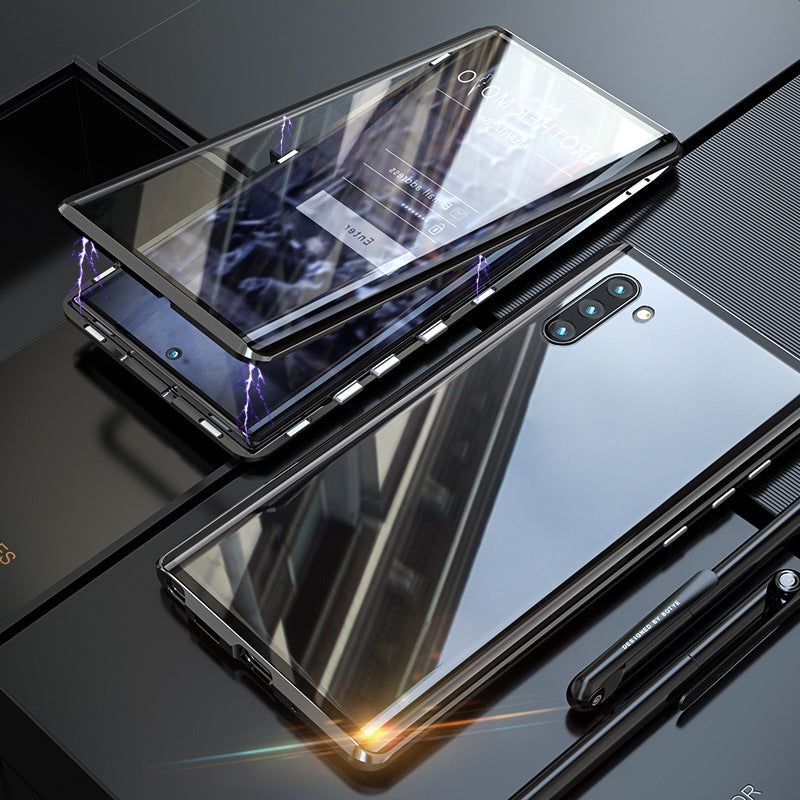 "Elegant dobbeltsidig magnetisk telefonveske med klar bakside og herdet glass for optimal beskyttelse."